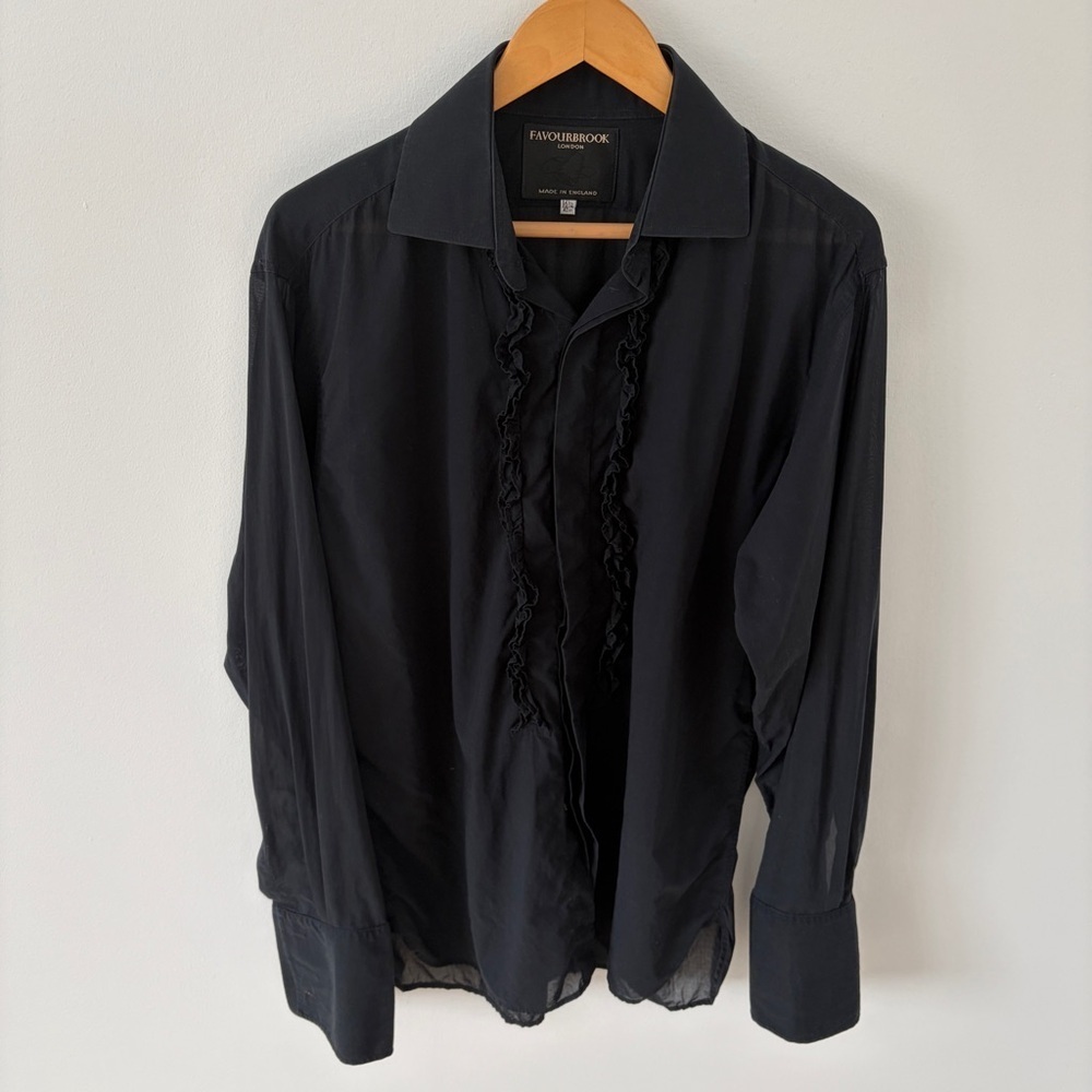 Favourbrook London Black Ruffle Front Cotton Dress Shirt Sz L UK 16,5 England*K9